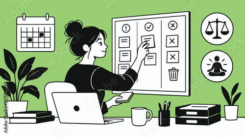 Illustration of an exhausted office worker managing tasks at a workplace planning board, representing workplace burnout, stress, and work-life balance.