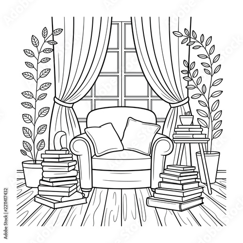 Cozy reading nook with armchair books and plants line art illustration
