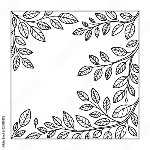 Leaf and branch corner arrangement black line vector illustration