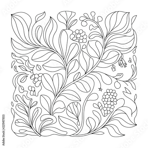 Floral ornament with leaves and berries black and white vector illustration