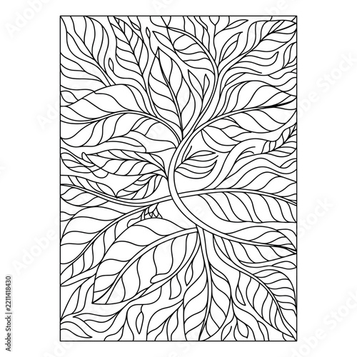 Intricate floral ornament with swirling leaves and branches black and white
