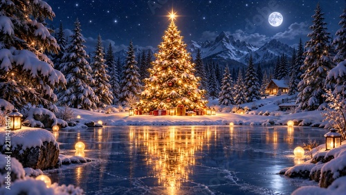 Illuminated Christmas Tree on Frozen Lake Under Moonlit Sky