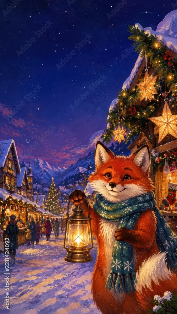 Obraz premium Festive fox lantern wallpaper in snowy Christmas village