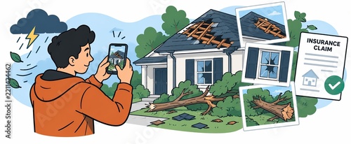 Illustration of a homeowner photographing storm damage to a house for an insurance claim, with broken roof tiles, a fallen tree, and claim documents.