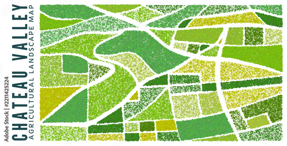 Naklejka premium Aerial view vineyard stipple landscape vector illustration with green farm fields pattern for wine label, packaging, and agricultural background