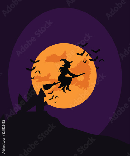 Halloween witch flying on broomstick silhouette in front of full moon with bats and haunted castle