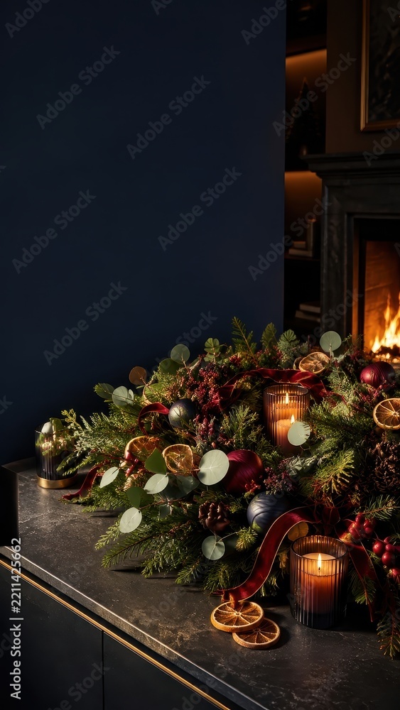 Obraz premium Elegant Christmas mantel wallpaper with candles and evergreen garland
