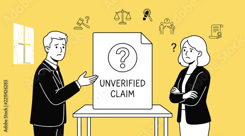 Illustration of two opposing parties examining a document marked with a question symbol, representing an unverified claim and disputed information.