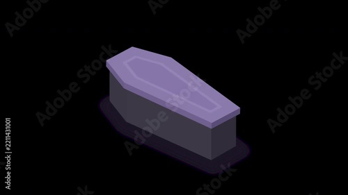 Stylized 3D isometric purple coffin casket isolated on transparent background with alpha channel for Halloween motion graphics and video compositing
