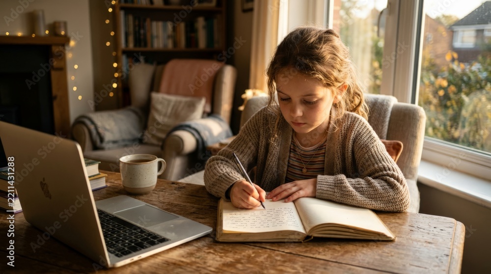 Obraz premium Thoughtful girl in a cozy cardigan writes in an old leather journal at a wooden table beside an open laptop, coffee mug and glowing string lights in a warm evening living room