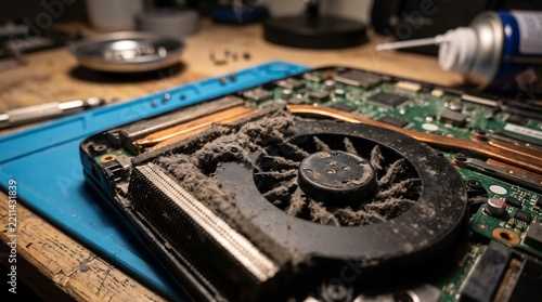 Dusty laptop cooling fan inside an open computer for hardware repair