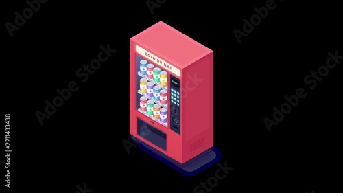 Isometric 3D red soda vending machine with cold beverage cans isolated on transparent background with alpha channel for motion graphics and game design compositing