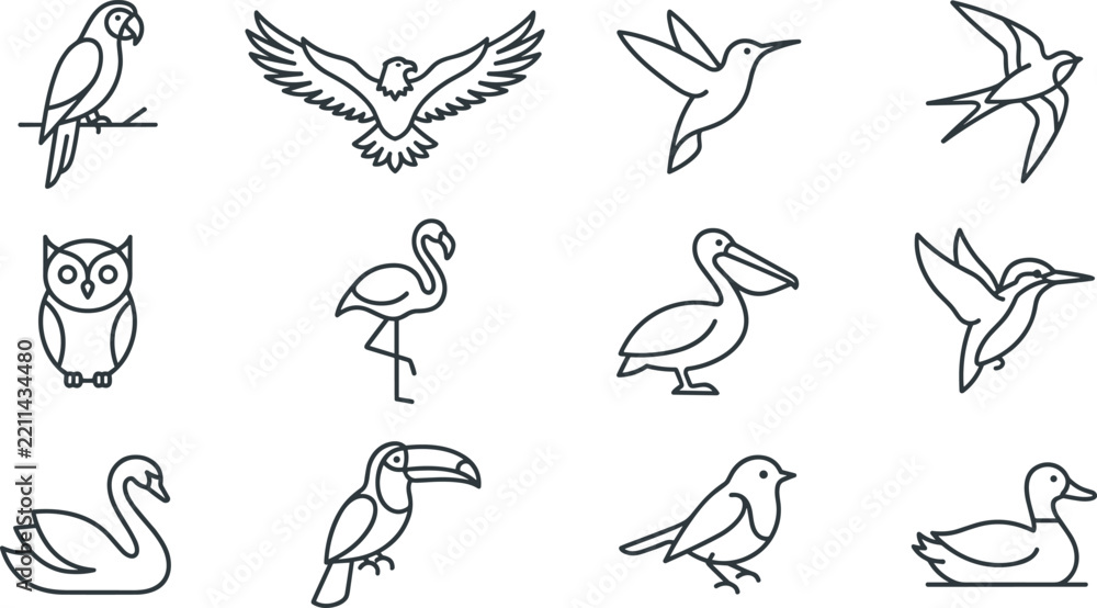 Obraz premium Minimalist Bird Line Art Icon Set Featuring Eagle, Hummingbird, Owl, Flamingo, Pelican, Kingfisher, Toucan, Swan, and Duck Vectors for Modern Graphic Designs