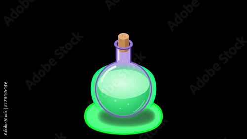 Cartoon magic potion bottle with glowing green elixir isolated on transparent background with alpha channel for game ui and visual effects compositing