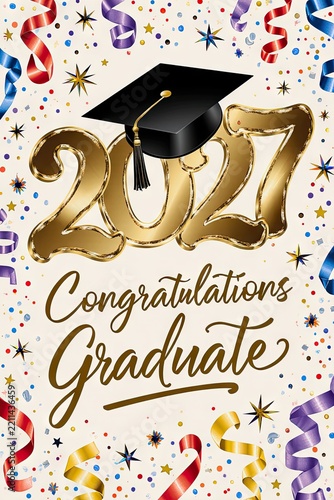 graduation 2027 design with black mortarboard, gold numerals, confetti, curled ribbons, starbursts, and congratulatory script lettering