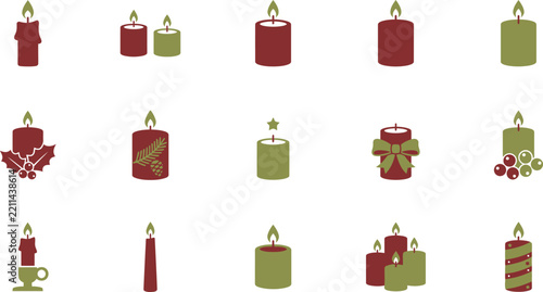 Christmas candle icon set with festive red and green holiday