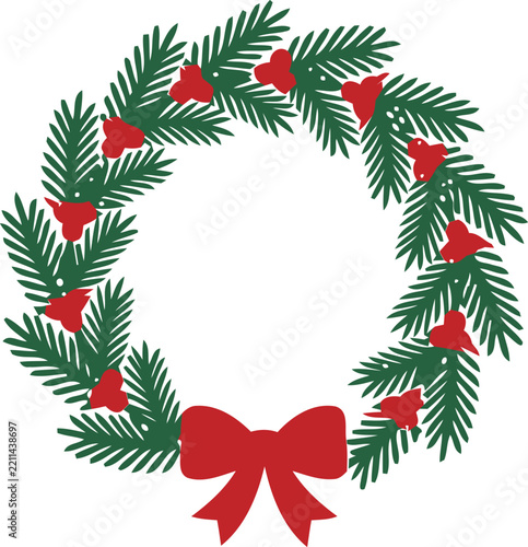 Christmas wreath illustration with pine branches and red bow