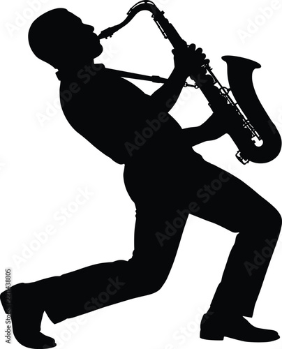 Saxophone player silhouette leaning back while performing, jazz musician playing sax icon isolated on white background