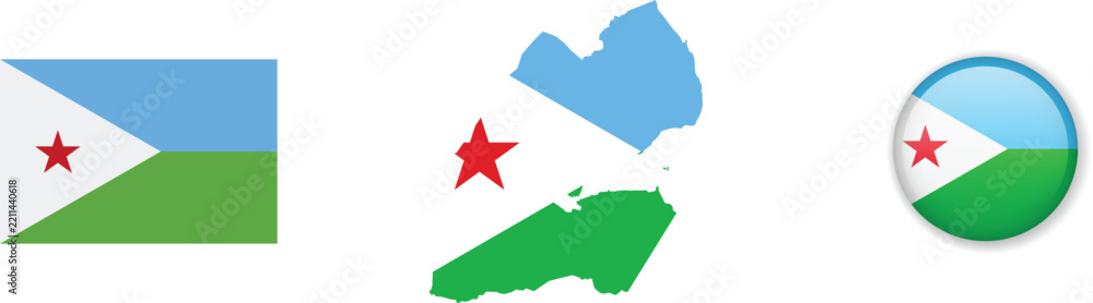 Obraz premium Djibouti flag, map and glossy 3D button in red, blue and green