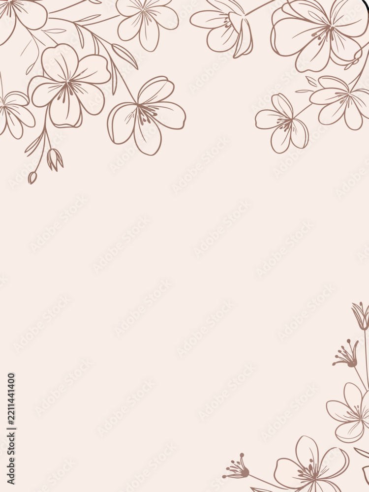 Fototapeta premium Hand drawn brown line art flowers adorn a soft pink blank background