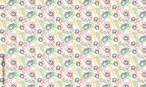 Autumn seamless pattern of overlapping colorful linear oak leaves and black outline acorns on white. Decorative floral background ornament for textile, print, wallpaper, design vector, fabric, art