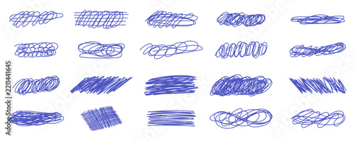 Blue pen scribbles set of hand drawn  tangles and hatches isolated on white background. Vector doodles of chaotic pen strokes, loops, crosshatch, line textures, erase marks and frames for design.