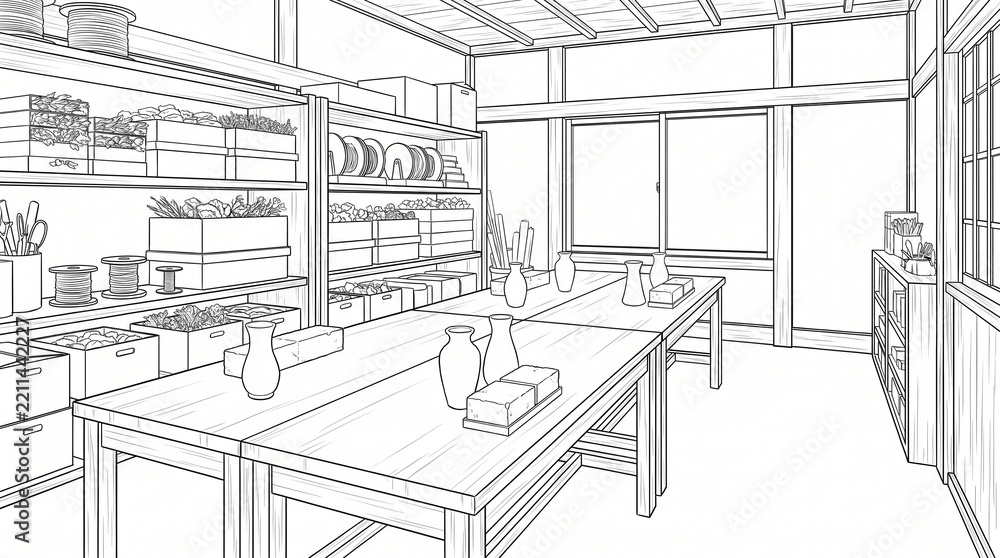 Fototapeta premium 葬儀用の生花を準備する作業室の白黒漫画背景