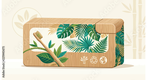Sustainable bamboo toothbrush in eco-friendly wood grain packaging with tropical leaf illustrations and recycling icons.
