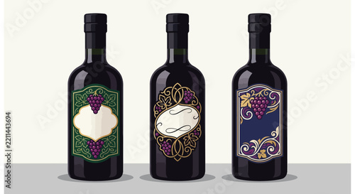 Set of Three Red Wine Bottles with Elegant Vintage Labels and Grape Motifs