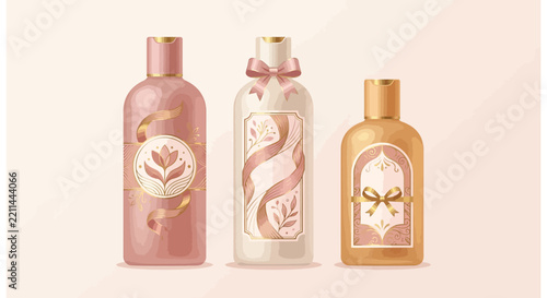 Elegant Rose Gold Cosmetic Bottles with Floral Ornaments and Ribbons