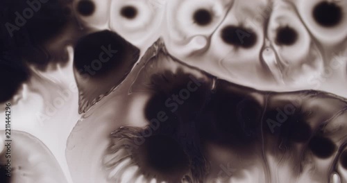 Paint blotch. Splatter liquid. Defocused black white droplets substance flow floating on abstract creative acrylic background.