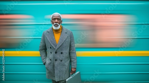 Man in a gray coat stands confidently at a vibrant train station as a train rushes by, capturing a moment of urban life