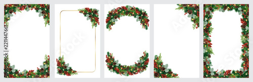 Christmas vertical social media story template set. Collection of frames and corner decoration with seasonal foliage, cypress. Transparent background in vector file.