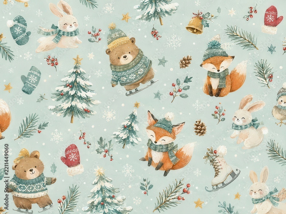 Fototapeta premium Whimsical woodland animals winter holiday seamless pattern