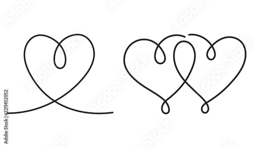 Continuous line heart and double hearts for Valentine's Day greeting card design editable stroke