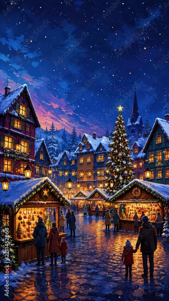 Obraz premium Enchanting snowy Christmas market village under starry night sky