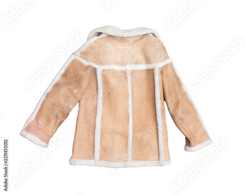 Men's sheepskin coat on a white background. Back side.