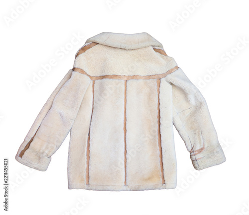 Men's sheepskin coat on a white background. Back side.