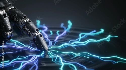 Futuristic Robotic Finger Touching Digital Interface Video Concept Representing Artificial Intelligence and High Tech Connection