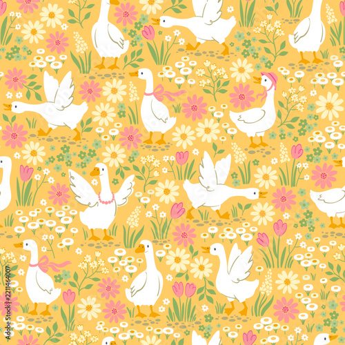 Cute seamless vector pattern with white geese, charming domestic birds amidst yellow flowers in a meadow
