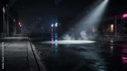 A bright spotlight shines on a wet, foggy city street at night with neon reflections. Cinematic background for noir mystery films.