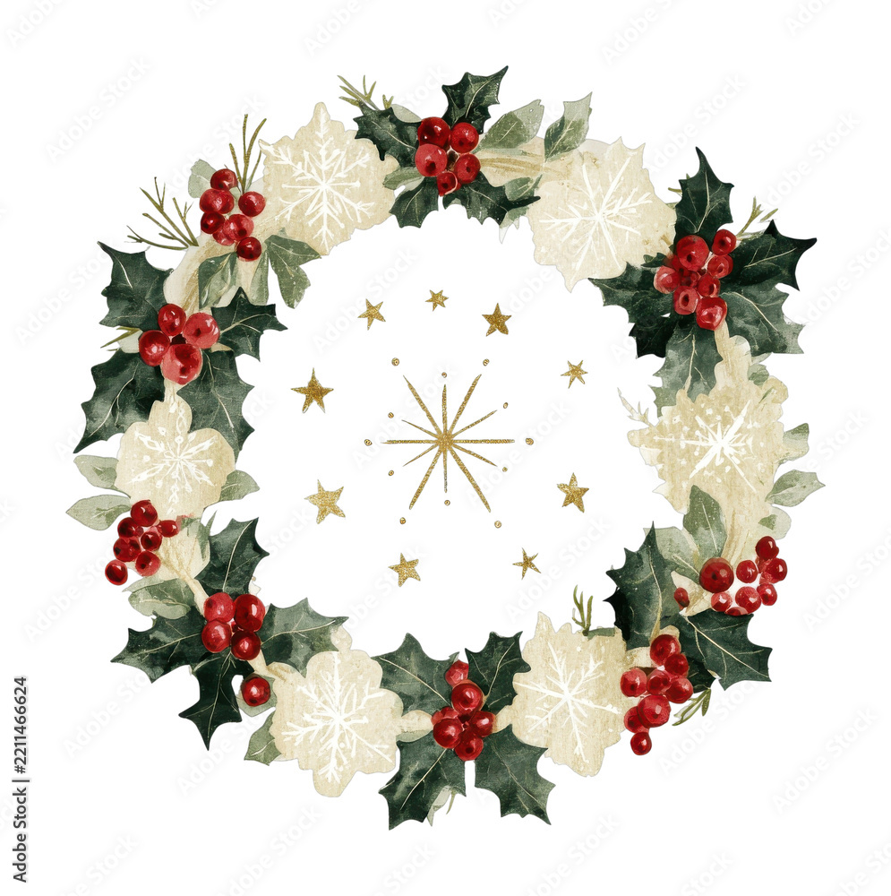 Obraz premium PNG Festive watercolor Christmas wreath with holly berries, stars, snowflakes