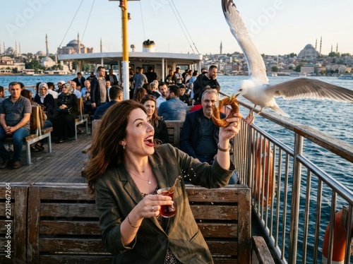Seagull feeding on ferry deck with smiling woman and city skyline