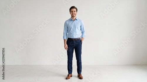 Full length portrait of a smiling young businessman in a light blue shirt and dark blue trousers isolated on white background