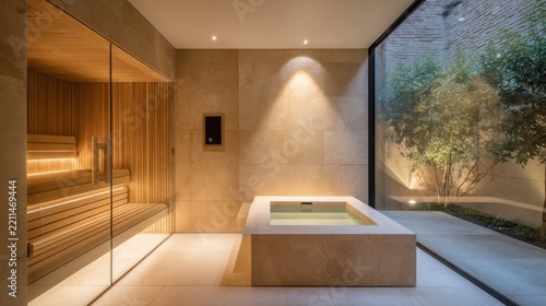 modern luxury home wellness room with a compact natural oak sauna, elegant cold plunge tub, warm beige limestone walls, soft indirect lighting, large