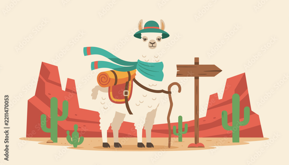 Obraz premium White llama wearing a green explorer hat and turquoise scarf carries a backpack and walking stick through a desert landscape.