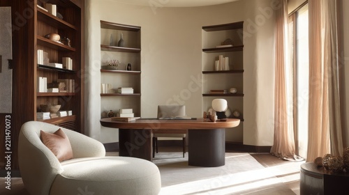 sophisticated home office with a low curved lounge chair, rounded wooden desk, oval side table, softly curved built in shelving, warm beige plaster