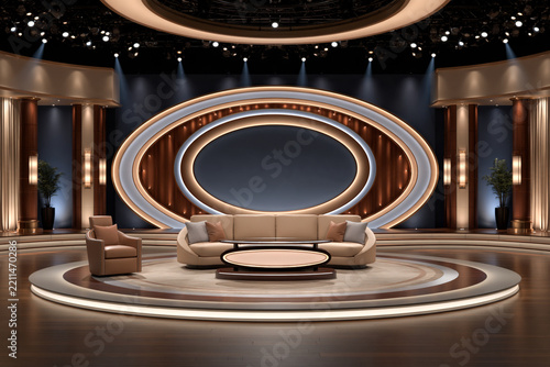 Empty luxury daytime celebrity talk chat show TV studio set with beige sofa, and glowing elliptical backdrop under spotlights.