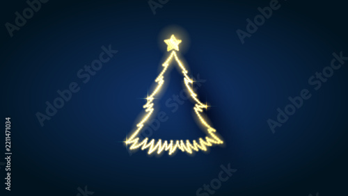 Glowing christmas tree on navy background. Greeting card template