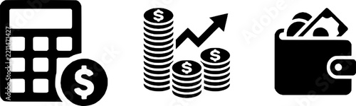 Financial management icons set showing a calculator with dollar symbol, coin stacks with upward arrow trend, and a leather wallet stuffed with cash bills for banking and accounting